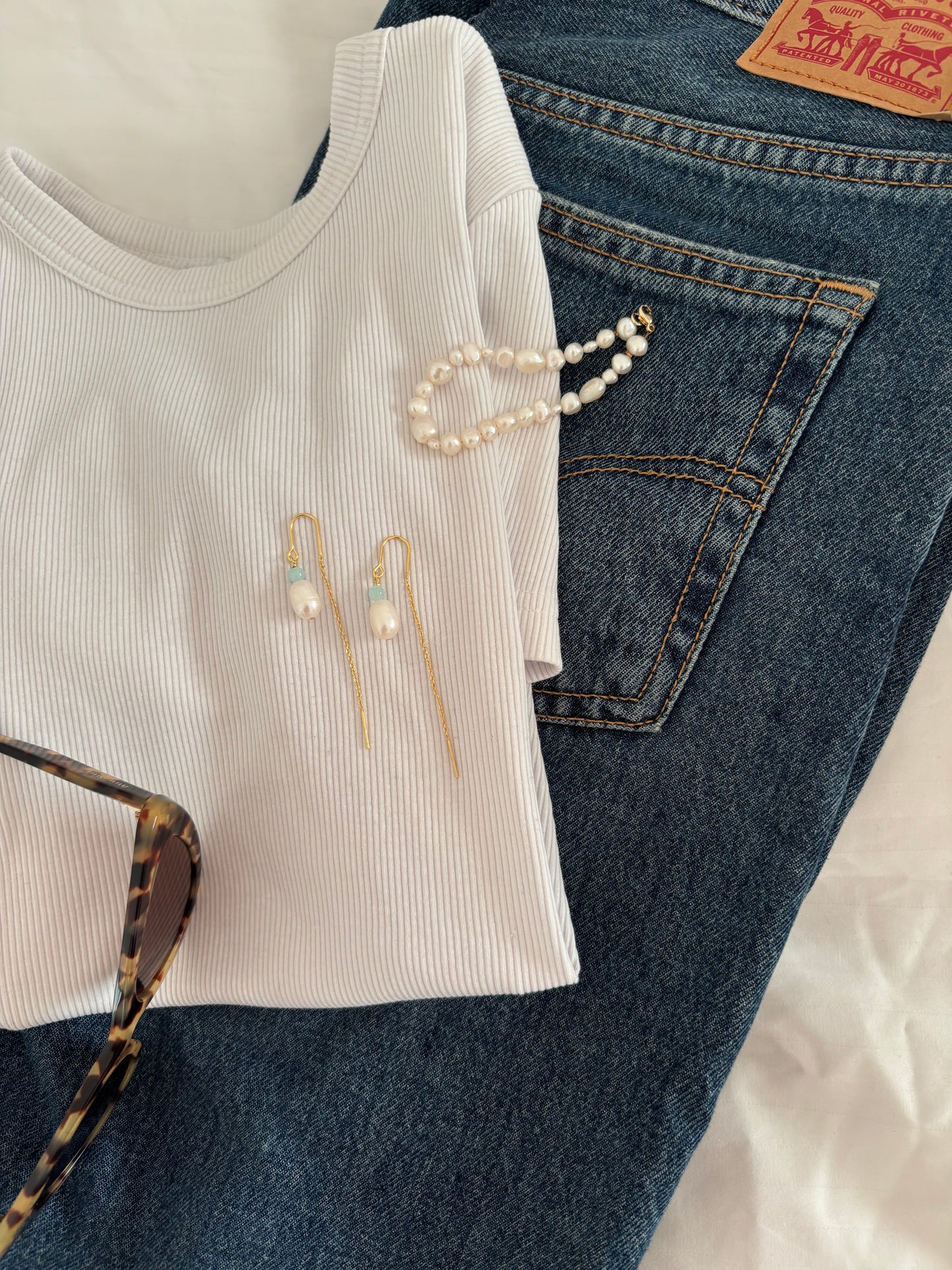 Earrings with light turquoise pearl and freshwater pearl